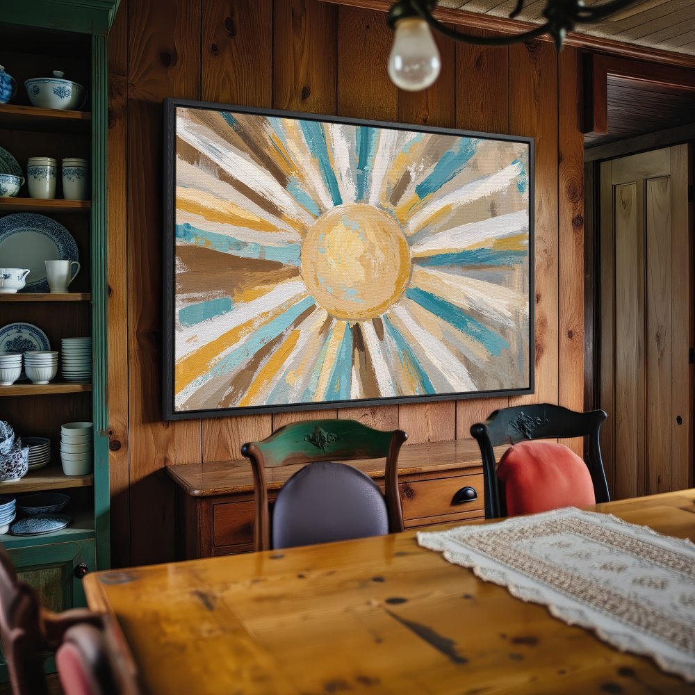 Framed Wall Art: Abstract sunburst painting in warm, earthy tones. Add a touch of sunshine to your space with this vibrant canvas print!