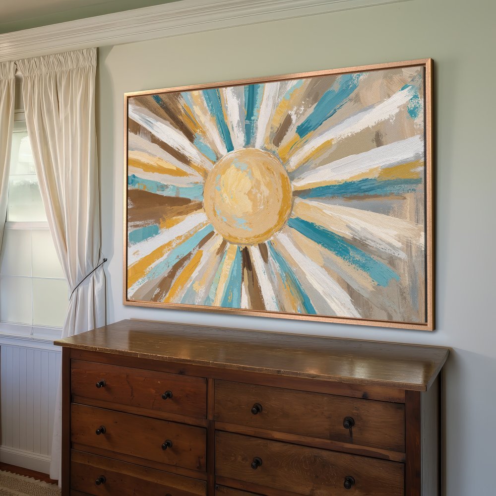 Framed Wall Art: Abstract sunburst canvas print in teal, yellow, and brown. Perfect for adding a pop of color to your living room or bedroom.