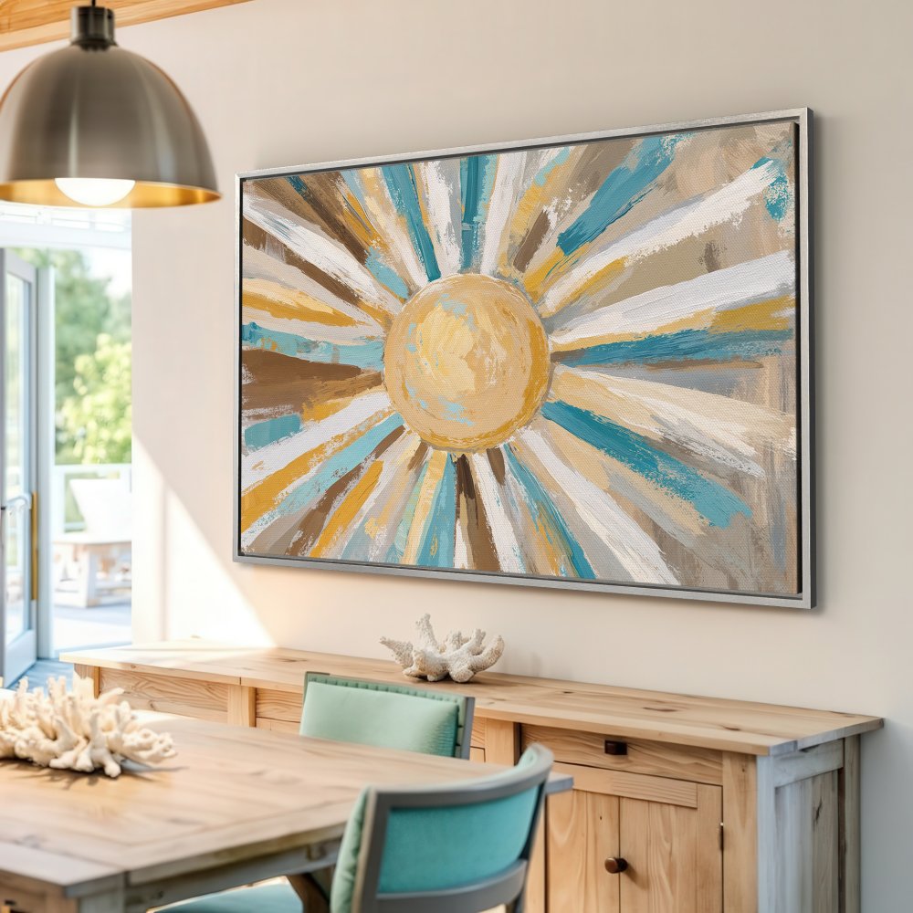 Framed Wall Art: Abstract sunburst canvas print with a warm, coastal color palette of blues, yellows, and browns. Perfect for any room!