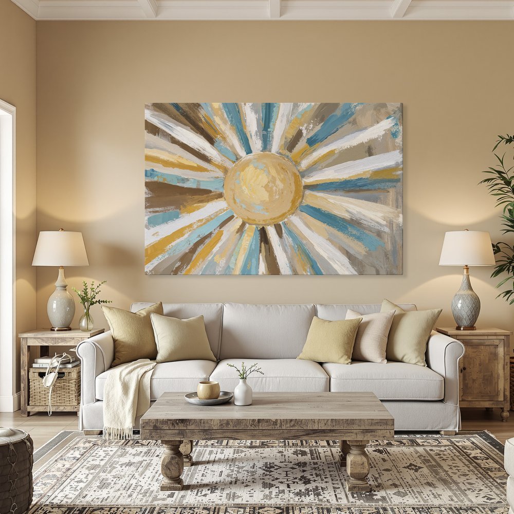 Framed Wall Art: Abstract sunburst canvas print in teal, gold, and brown. Modern art for dining room decor. Enhance your space with this stunning piece!