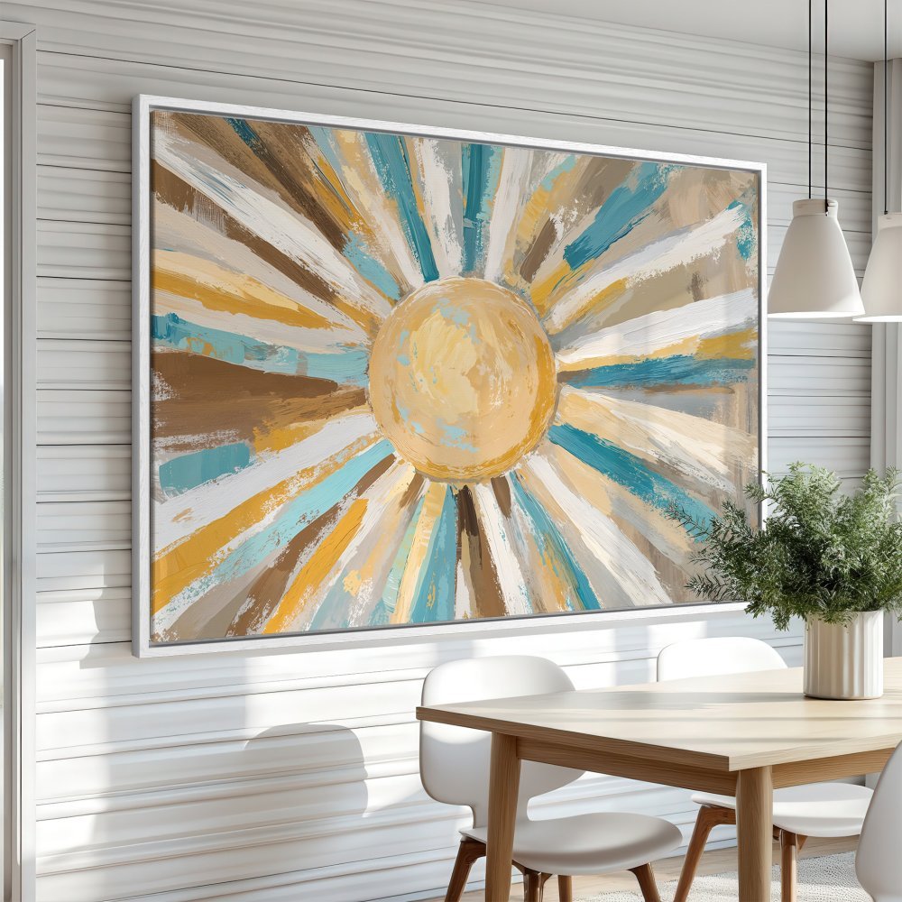 Abstract sunburst Canvas Print in warm yellow, blue, and brown tones. Modern wall art for a bright and inviting space.