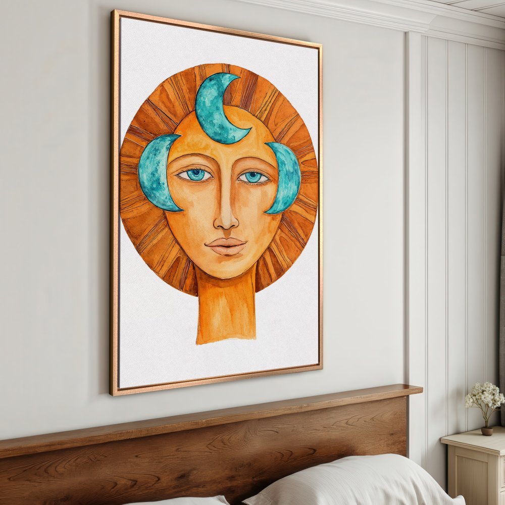 Framed Wall Art: Watercolor portrait of a woman with sun-like halo and turquoise accents. Earthy tones and striking blue eyes. Add artistic flair to your space!