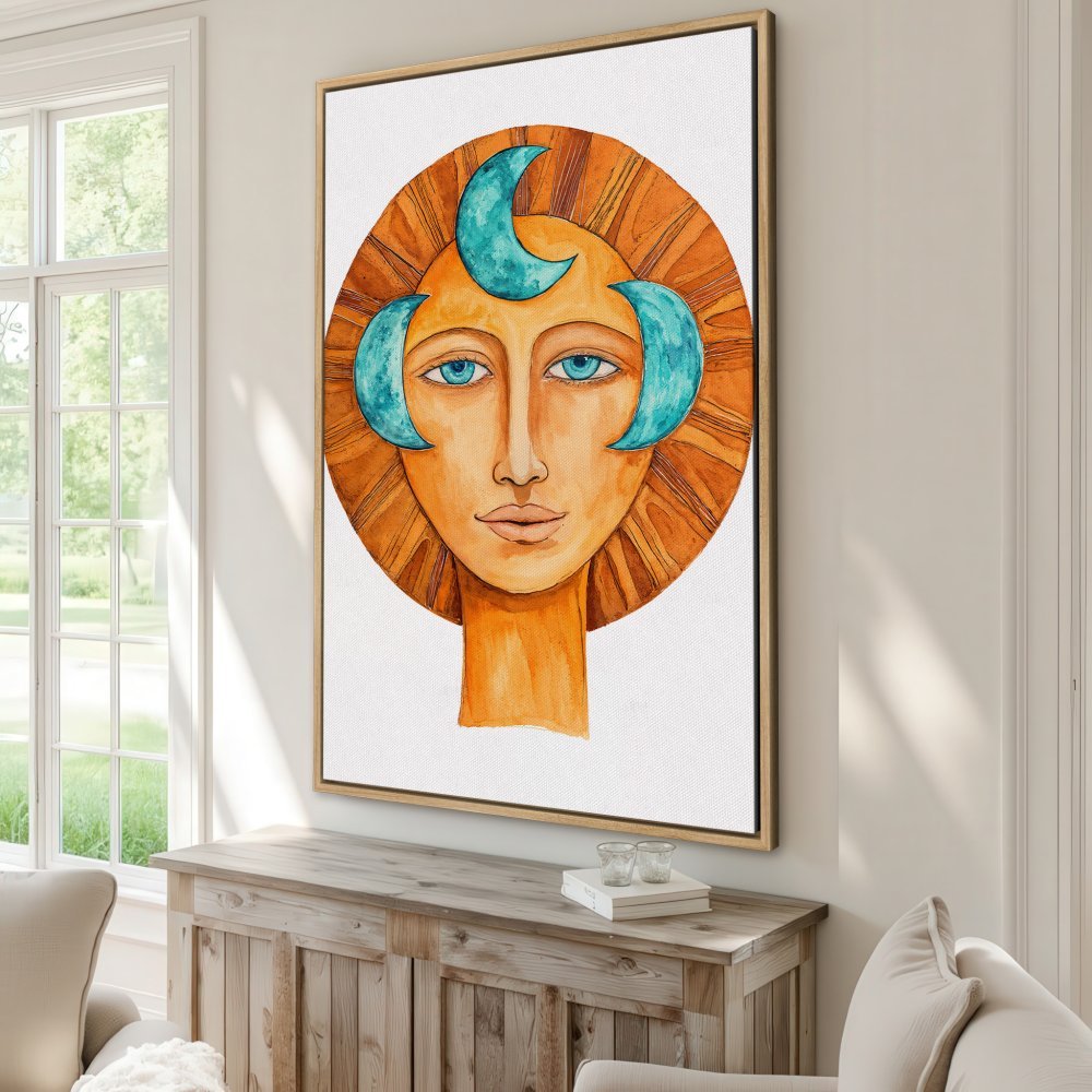 Canvas Print featuring a stylized woman with a sun-like halo, in warm orange and teal watercolor. Perfect wall art for a modern home.