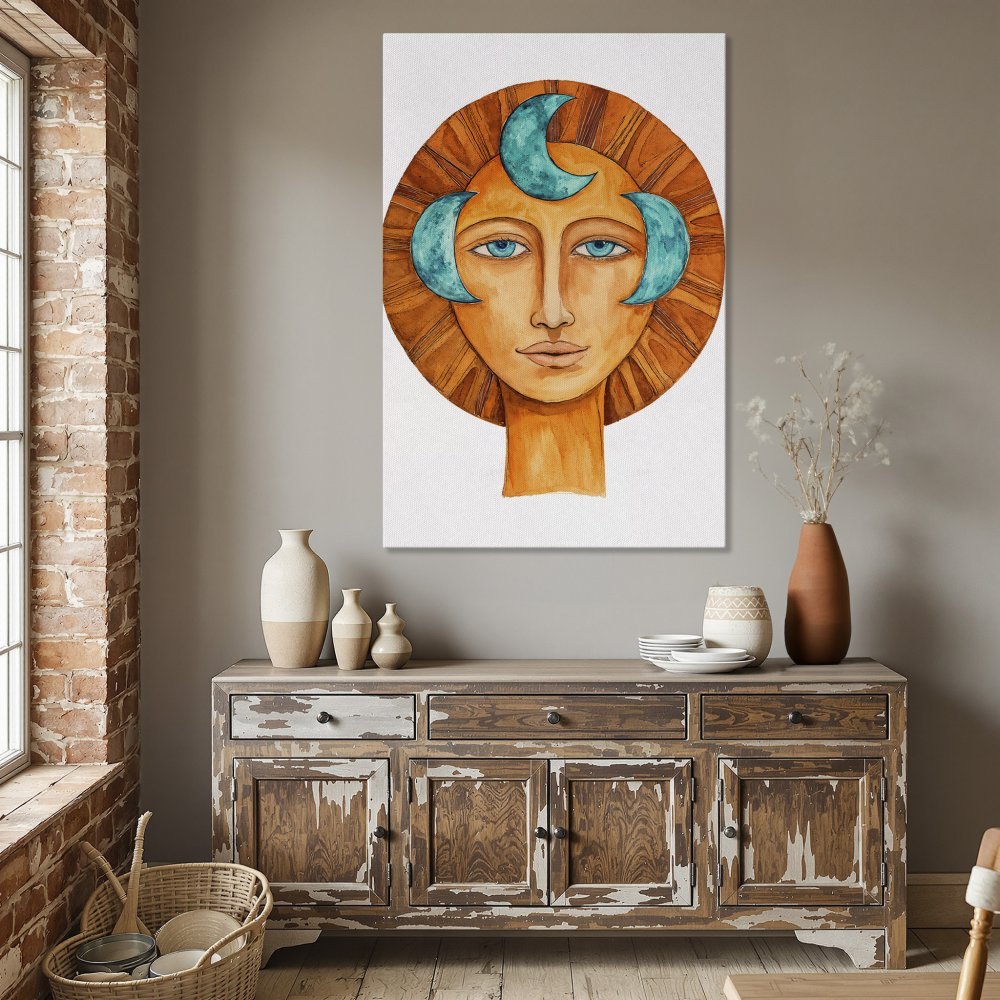 Framed Wall Art: Abstract face in warm orange & teal tones. Modern art canvas print perfect for dining room decor.