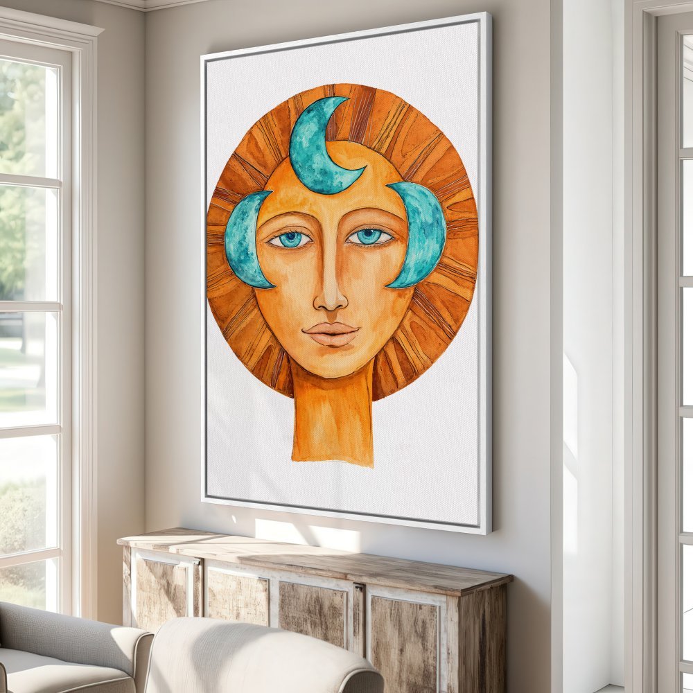 Canvas Print featuring a vibrant watercolor portrait with warm orange tones and teal accents. Modern art for stylish home decor.