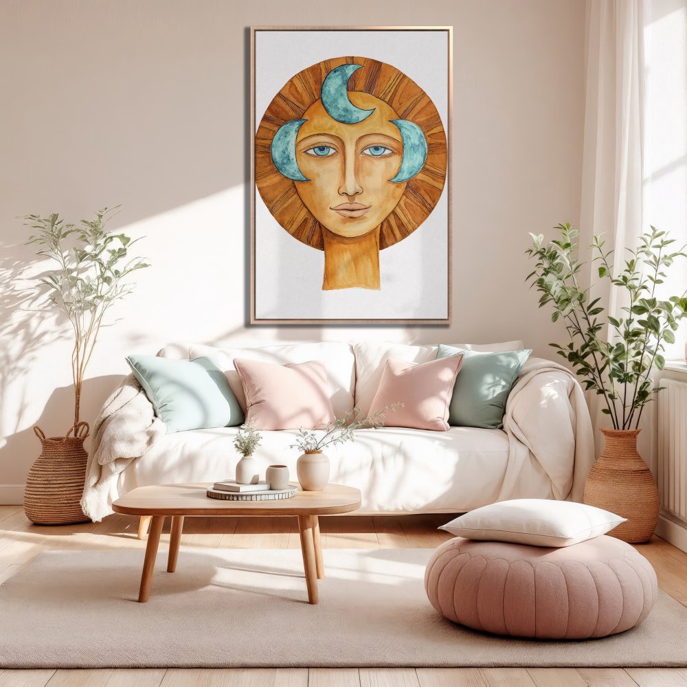 Framed Wall Art: Watercolor portrait with warm tones & teal accents. Modern art print perfect for living room decor.