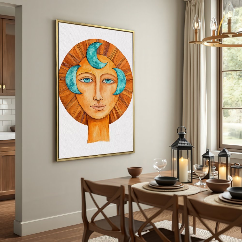 Canvas Print: Abstract face art with warm orange & blue tones. Add a touch of bohemian style to your home decor.