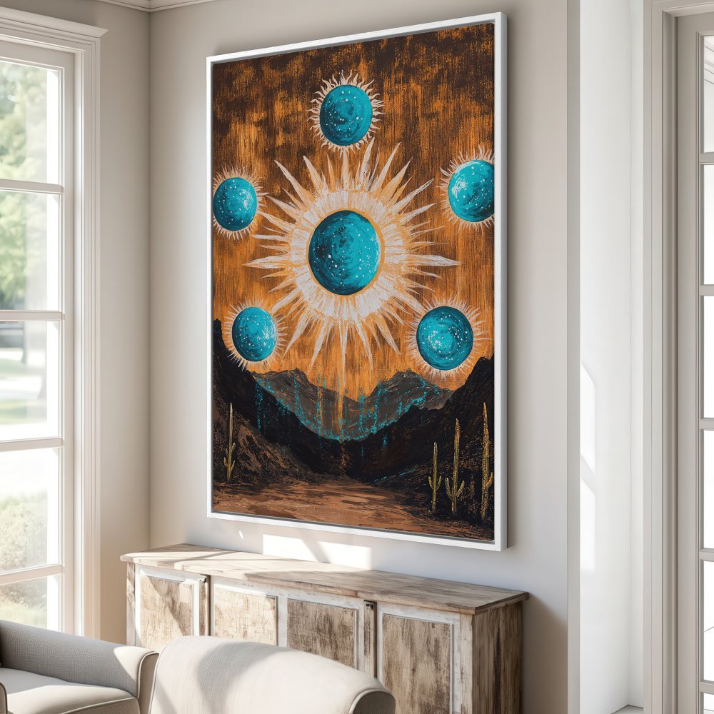 Framed Wall Art: Abstract desert landscape with celestial elements in teal and gold. Add a touch of bohemian style to your space!