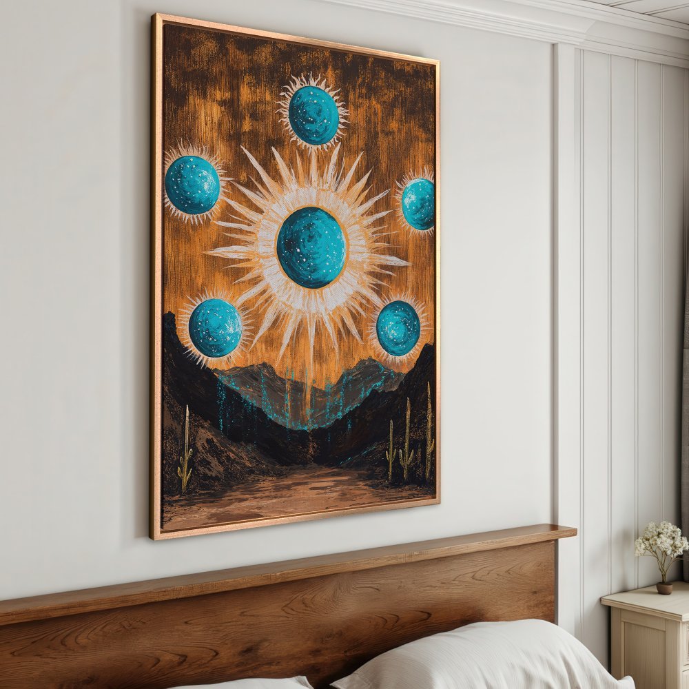 Framed Wall Art: Abstract desert landscape Canvas Print with turquoise orbs, warm orange & brown tones, perfect for modern decor.