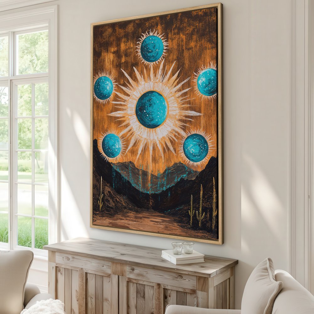 Framed Wall Art: Abstract desert landscape Canvas Print in warm orange and teal. Modern art for a stylish home.