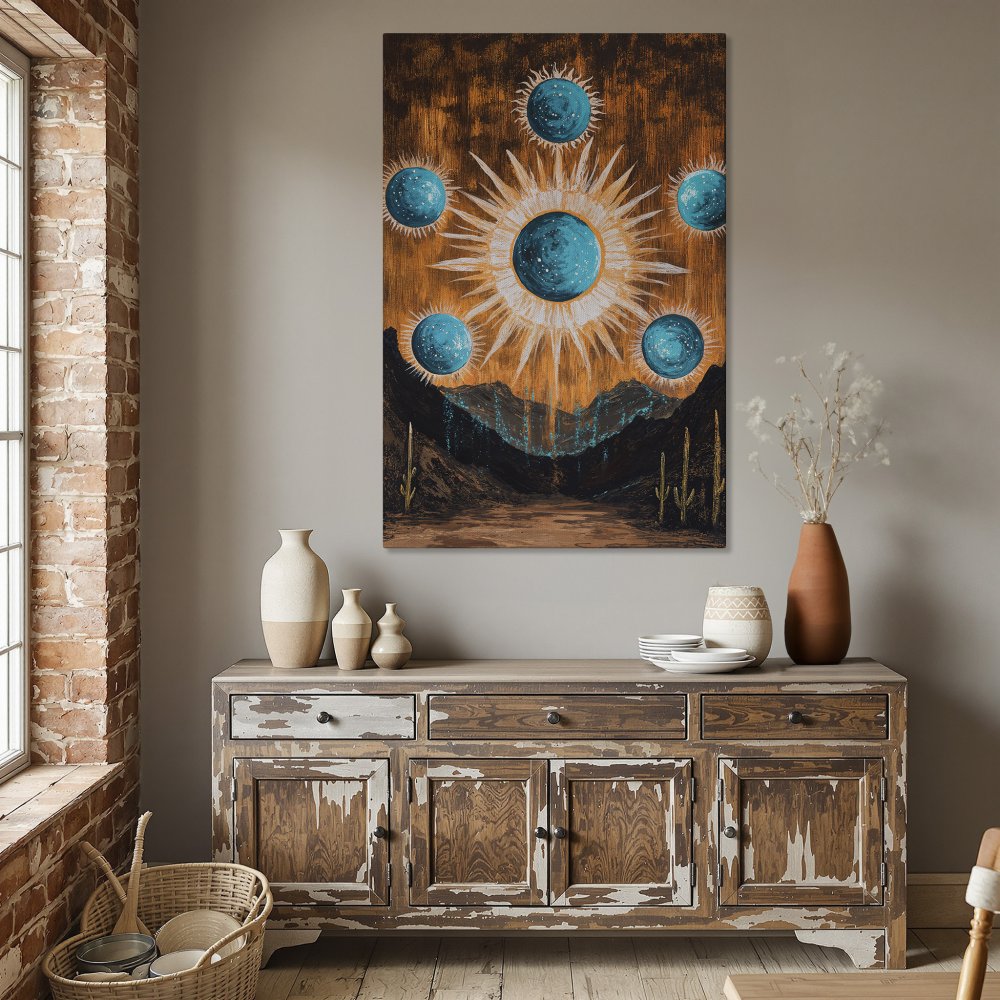 Framed Wall Art: Abstract celestial landscape in teal & gold. Modern art Canvas Print adds a unique touch to any space.
