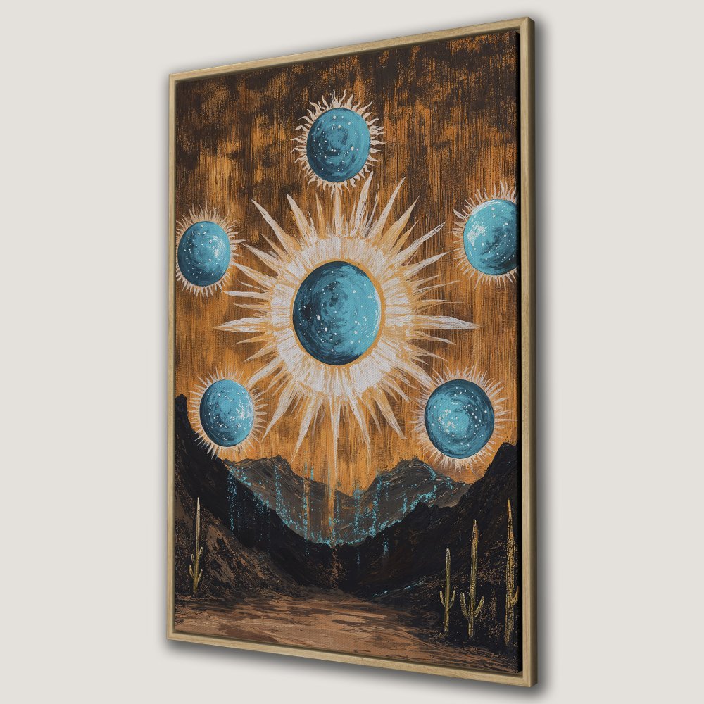 Framed Wall Art: Celestial desert landscape Canvas Print in warm orange and blue tones. Add bohemian style to your home decor!