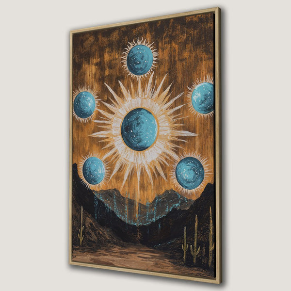Framed Wall Art: Celestial desert landscape Canvas Print in warm orange and blue tones. Add bohemian style to your home decor!