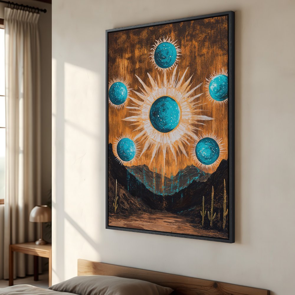 Framed Wall Art: Celestial landscape Canvas Print with turquoise orbs, warm gold & brown tones. Perfect for modern boho home decor.