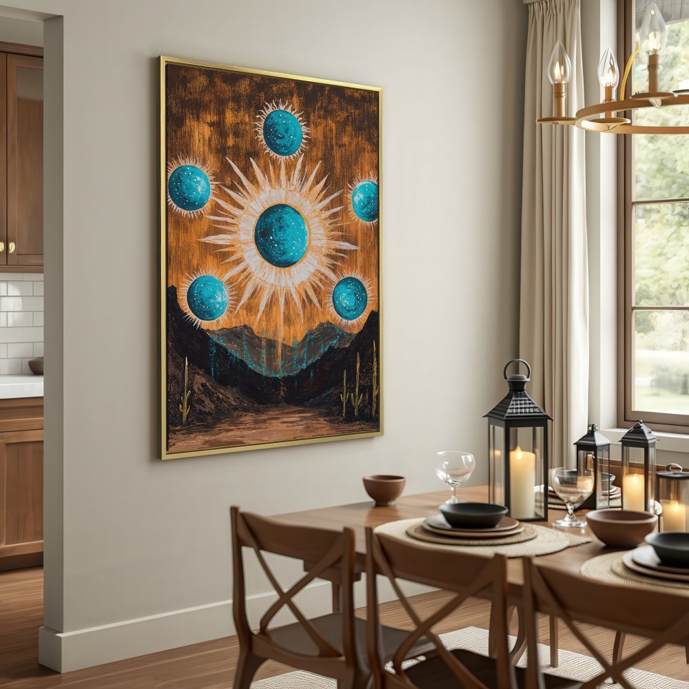 Abstract Canvas Print with celestial design in blue and gold tones, perfect for adding a touch of bohemian style to your home.