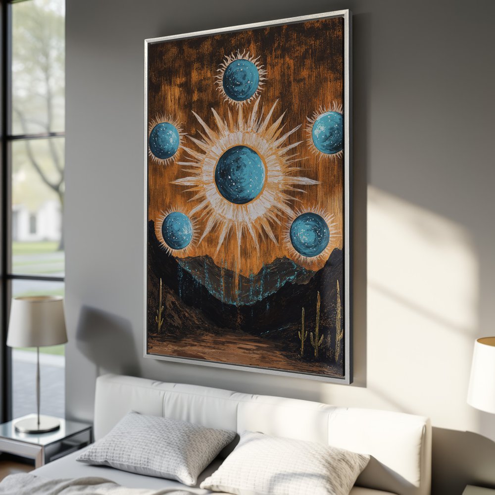 Framed Wall Art: Abstract celestial landscape in teal and gold, perfect for boho decor. Add a touch of art to your bedroom!