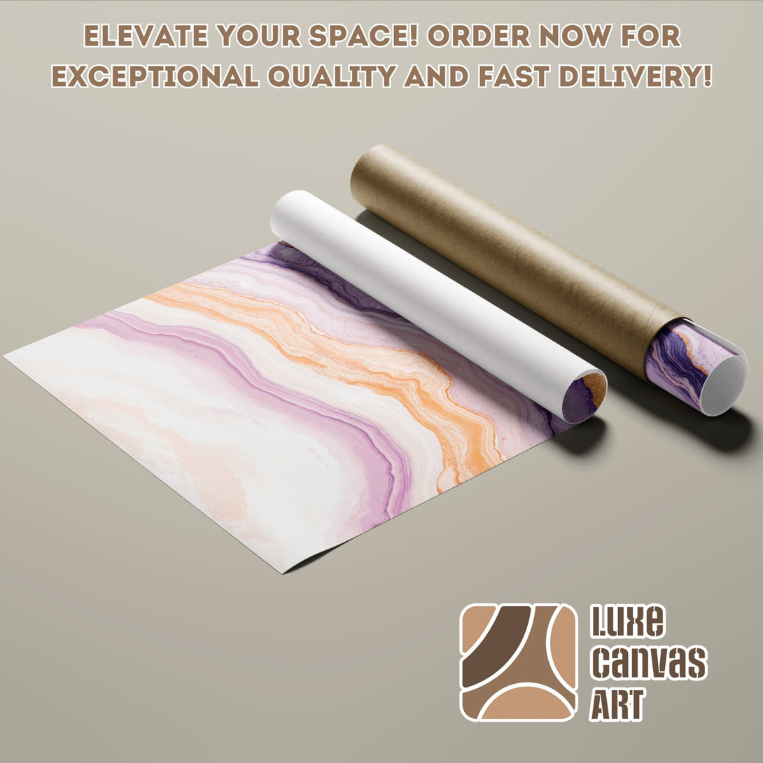 Abstract art poster roll in purple, orange, and white color palette. Elevate your space with Luxe Canvas Art!