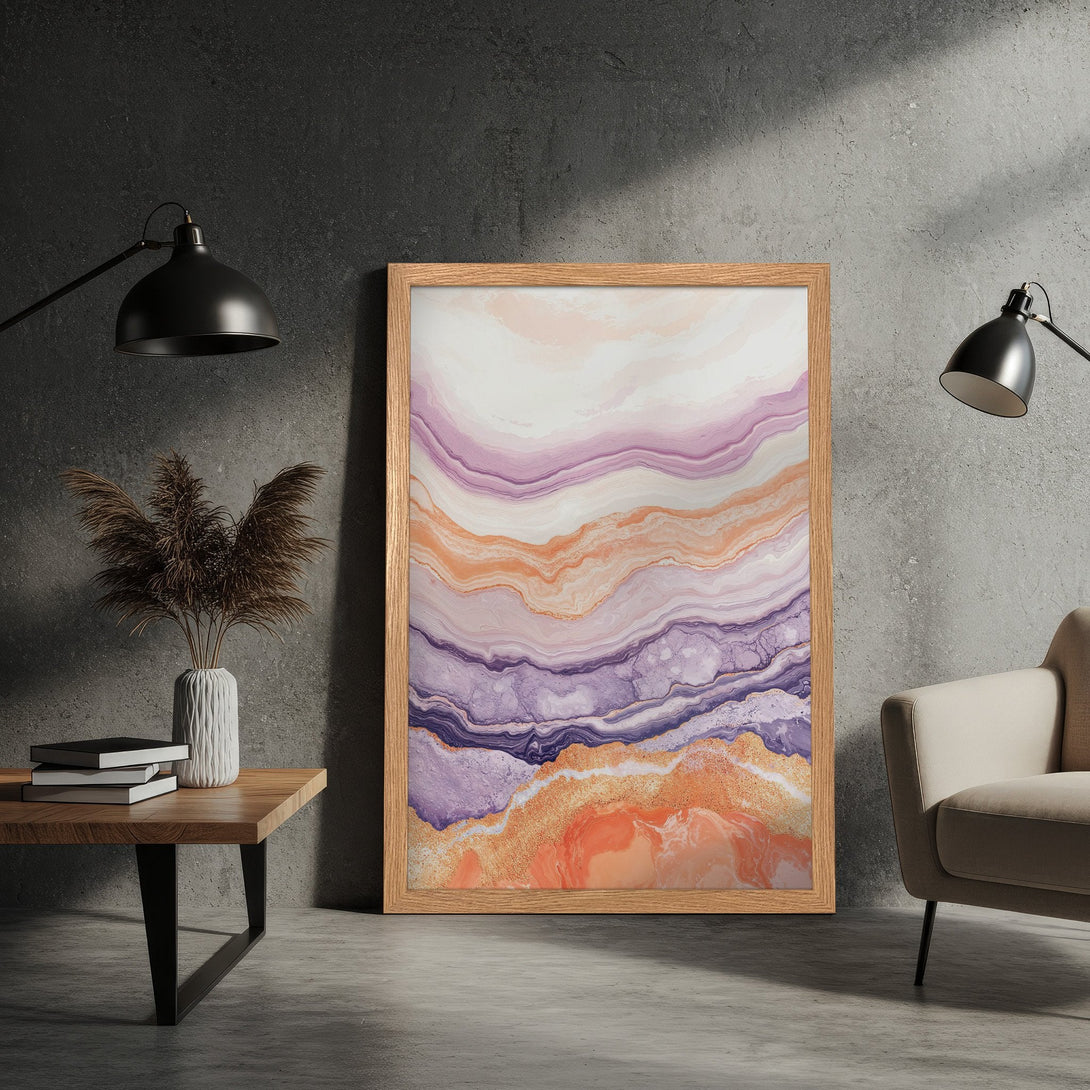 Framed Poster featuring abstract art in a modern style. The color palette includes purple, orange, and gold, perfect for home decor.