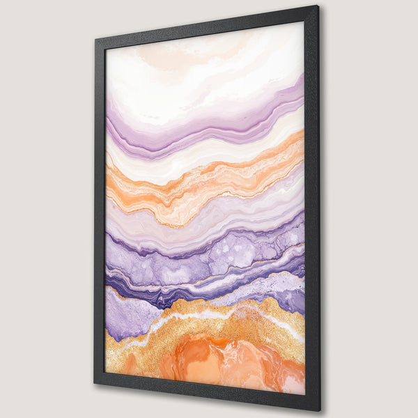 Framed Poster featuring abstract art with flowing layers in purple, orange, and gold. Modern wall decor.