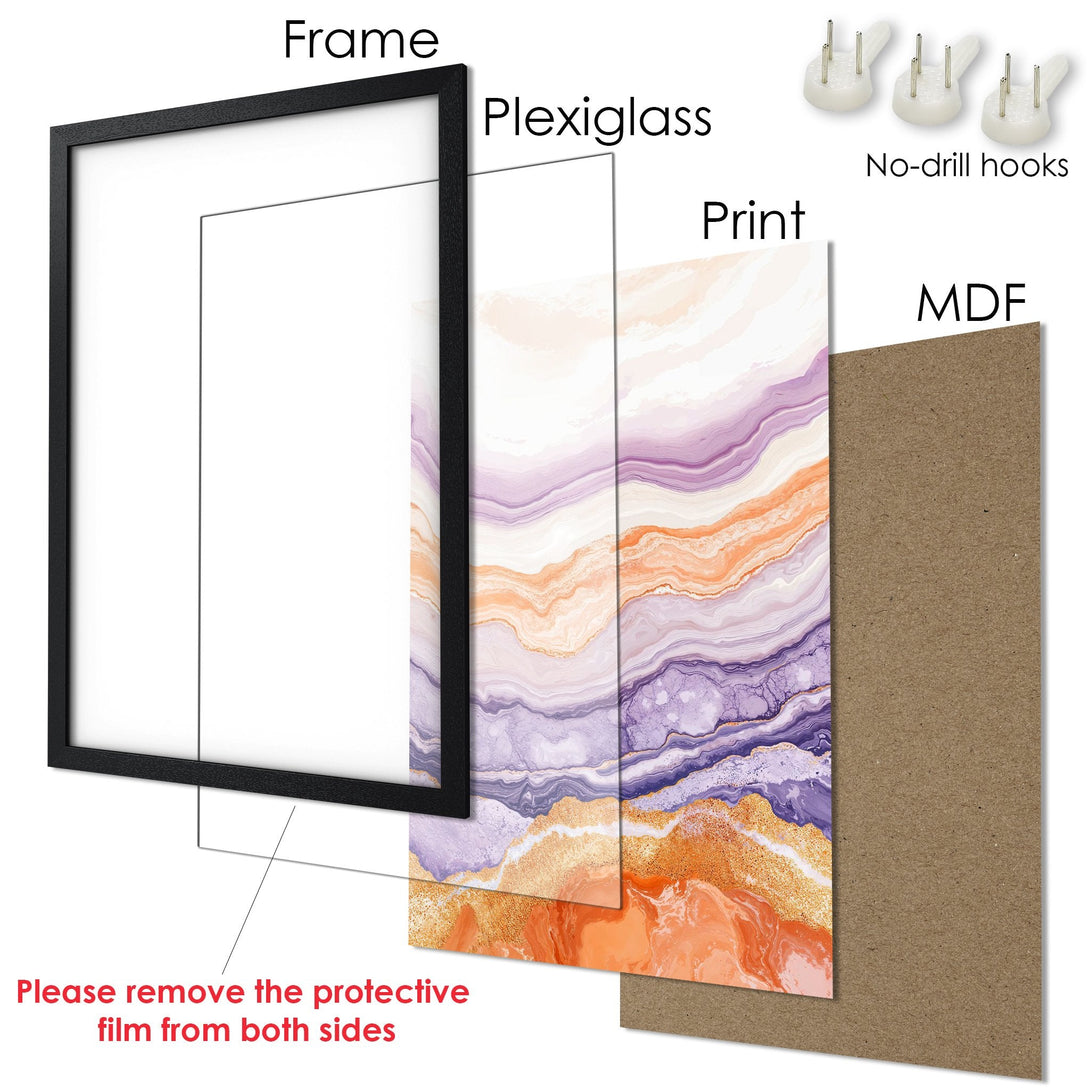 Framed Poster with abstract art in purple, orange, and gold tones. Modern style, perfect for home decor.
