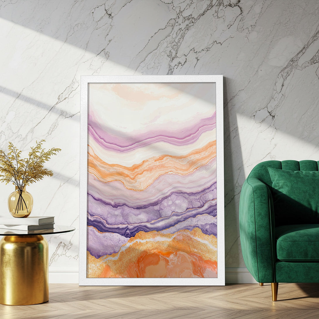 Framed Poster featuring an abstract, flowing design in purple, orange, and gold tones. Perfect art for modern decor.