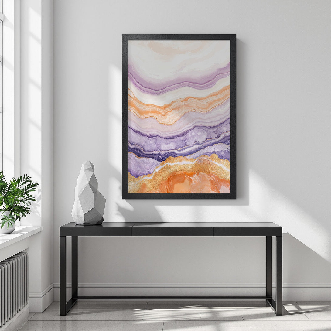 Framed Poster featuring abstract art in purple, orange, and gold tones. Modern style, perfect for home decor.