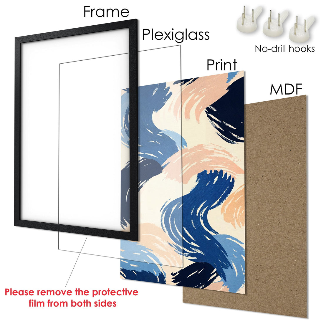 Framed Poster with abstract brushstroke art in blue, peach, and cream. Modern wall decor for any space.
