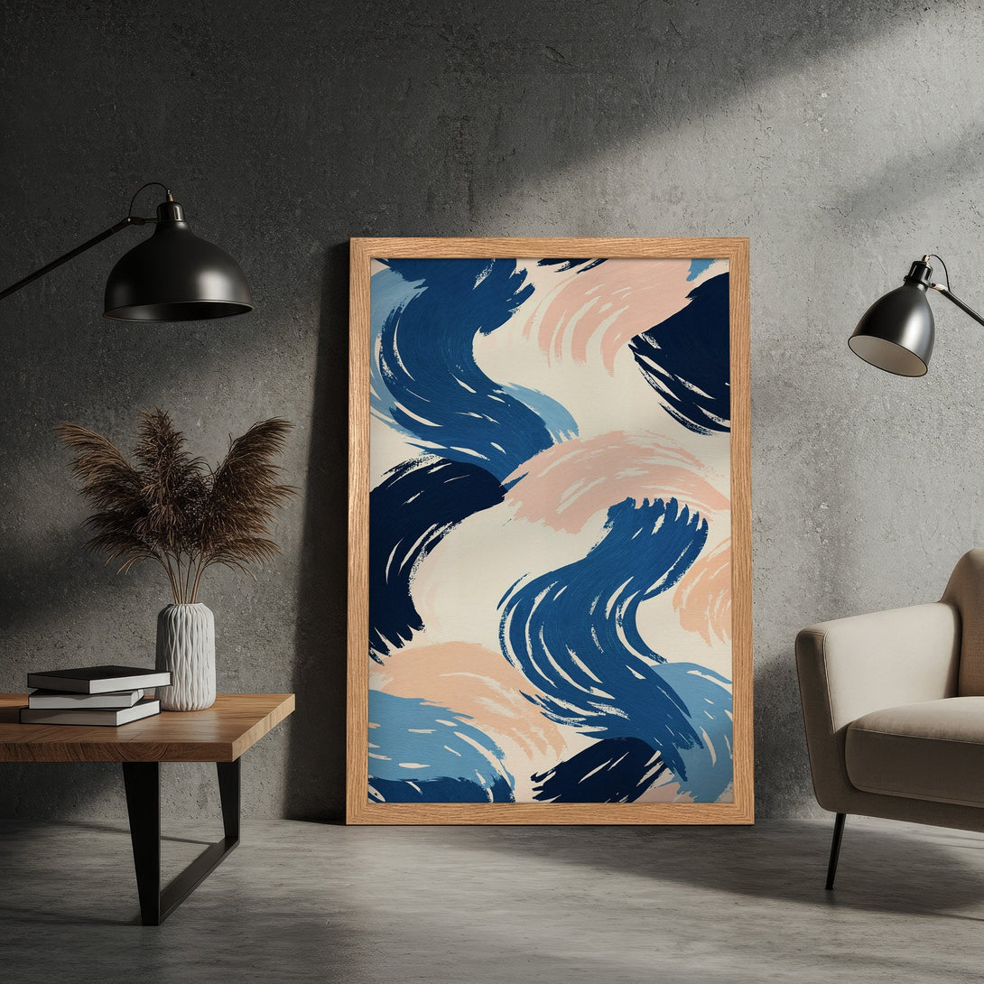 Framed Poster featuring abstract brushstroke art in blue and pink hues, perfect wall decor for modern homes.