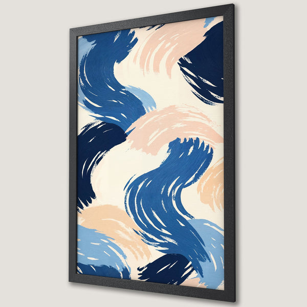 Framed Poster featuring abstract brushstroke art in blue and blush pink hues. Modern wall decor for any space.