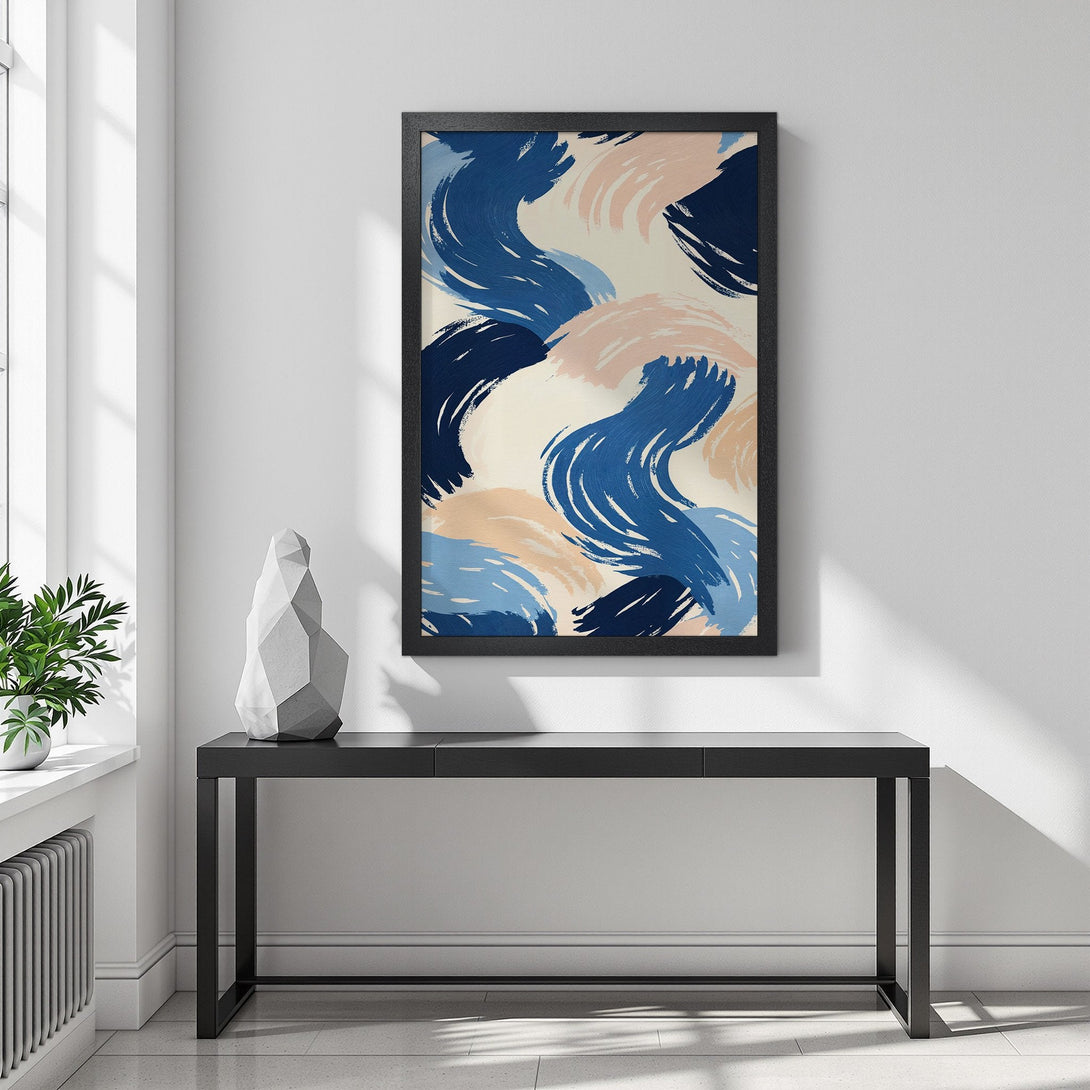 Framed Poster featuring abstract blue and blush brushstrokes, perfect for modern decor. Add a touch of art to your space!