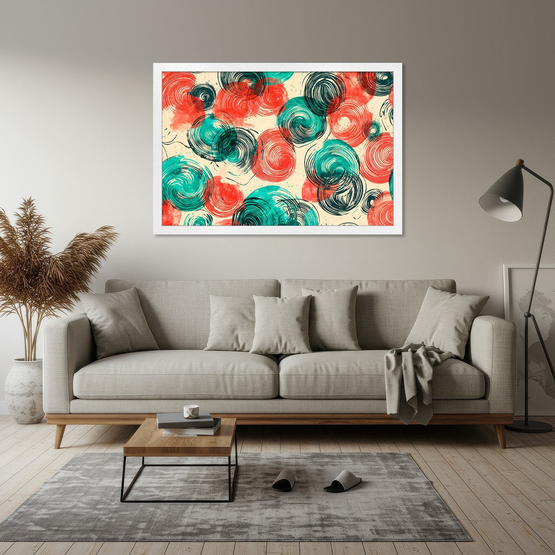 Framed Poster featuring abstract spiral art in red, teal, and black on a neutral background. Modern wall art for stylish decor.