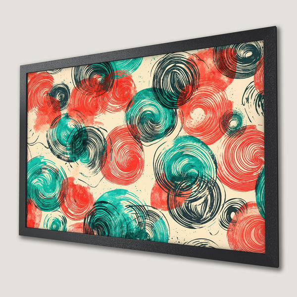 Framed Poster featuring abstract spiral design in teal, red, and black on a cream background. Modern art style. Decorate your space!