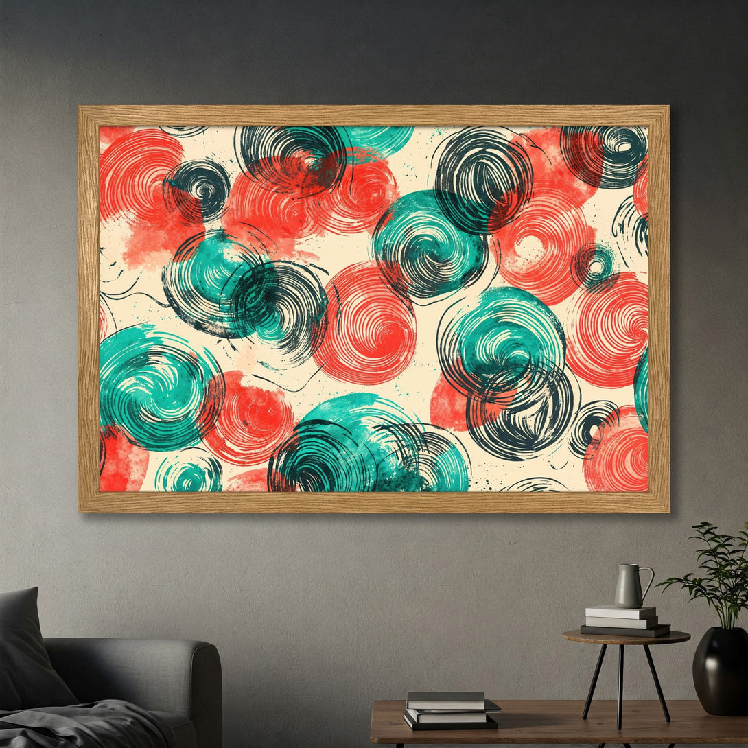 Framed Poster featuring abstract spiral art in teal, red, and black on a neutral background. Modern wall art for your home.