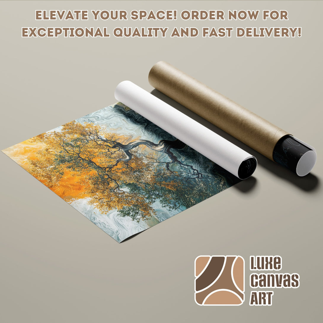 Poster Roll featuring an abstract tree art print in warm yellow and blue tones. Elevate your space with this beautiful poster!