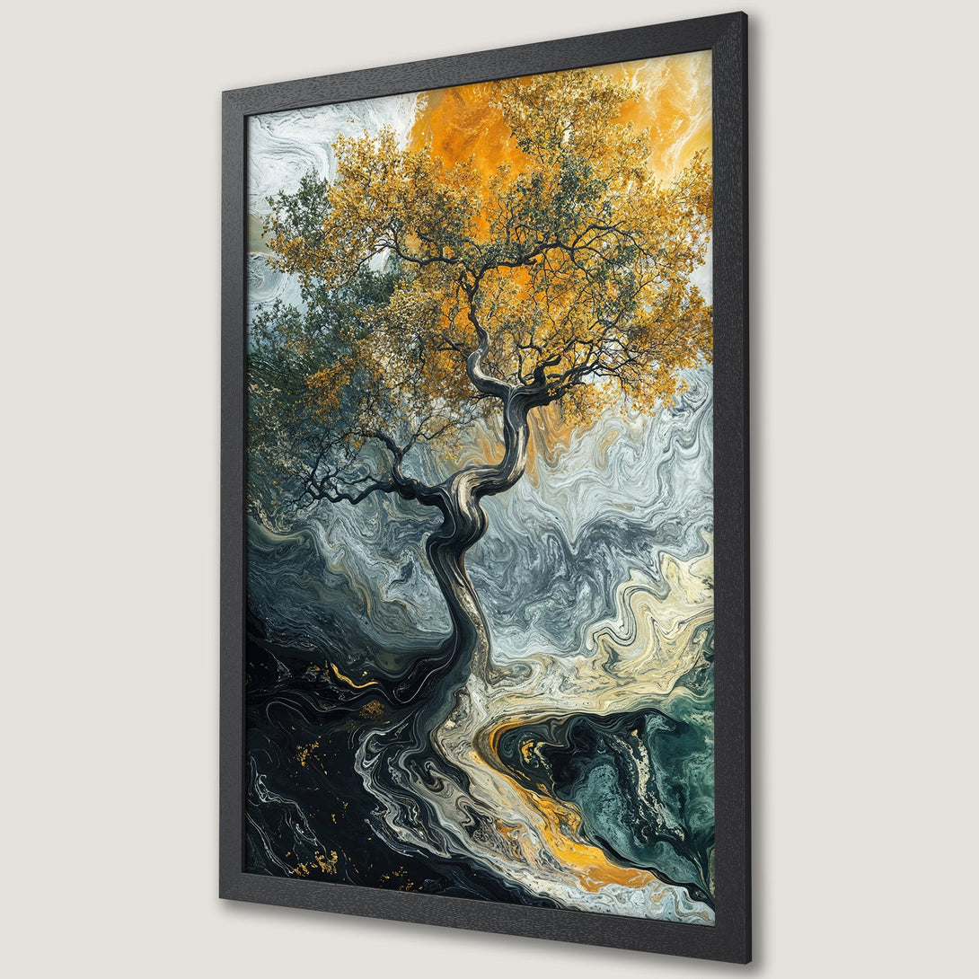 Framed Poster of a tree with an abstract style, featuring a gold, green, and black color palette. Perfect wall art for your home.
