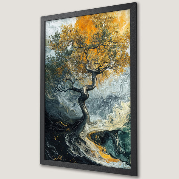 Framed Poster of a tree with an abstract style, featuring a gold, green, and black color palette. Perfect wall art for your home.