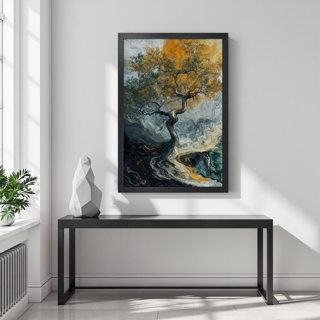 Framed Poster featuring an abstract tree art print. Earthy tones of gold, green, and gray create a stylish, modern aesthetic. Perfect wall decor!
