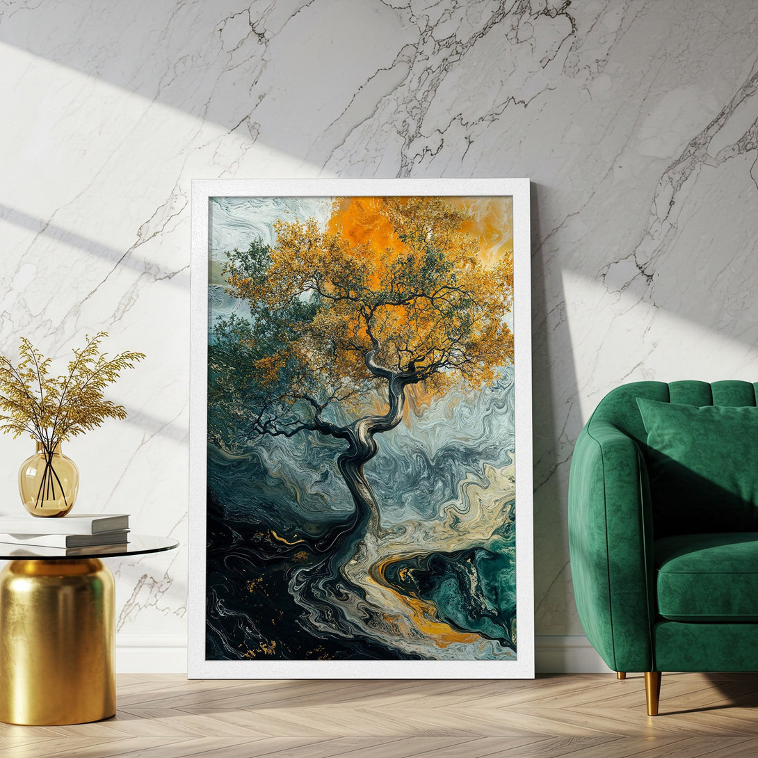 Framed Poster featuring an abstract tree with a warm color palette of gold, green, and teal. Perfect art for your home!