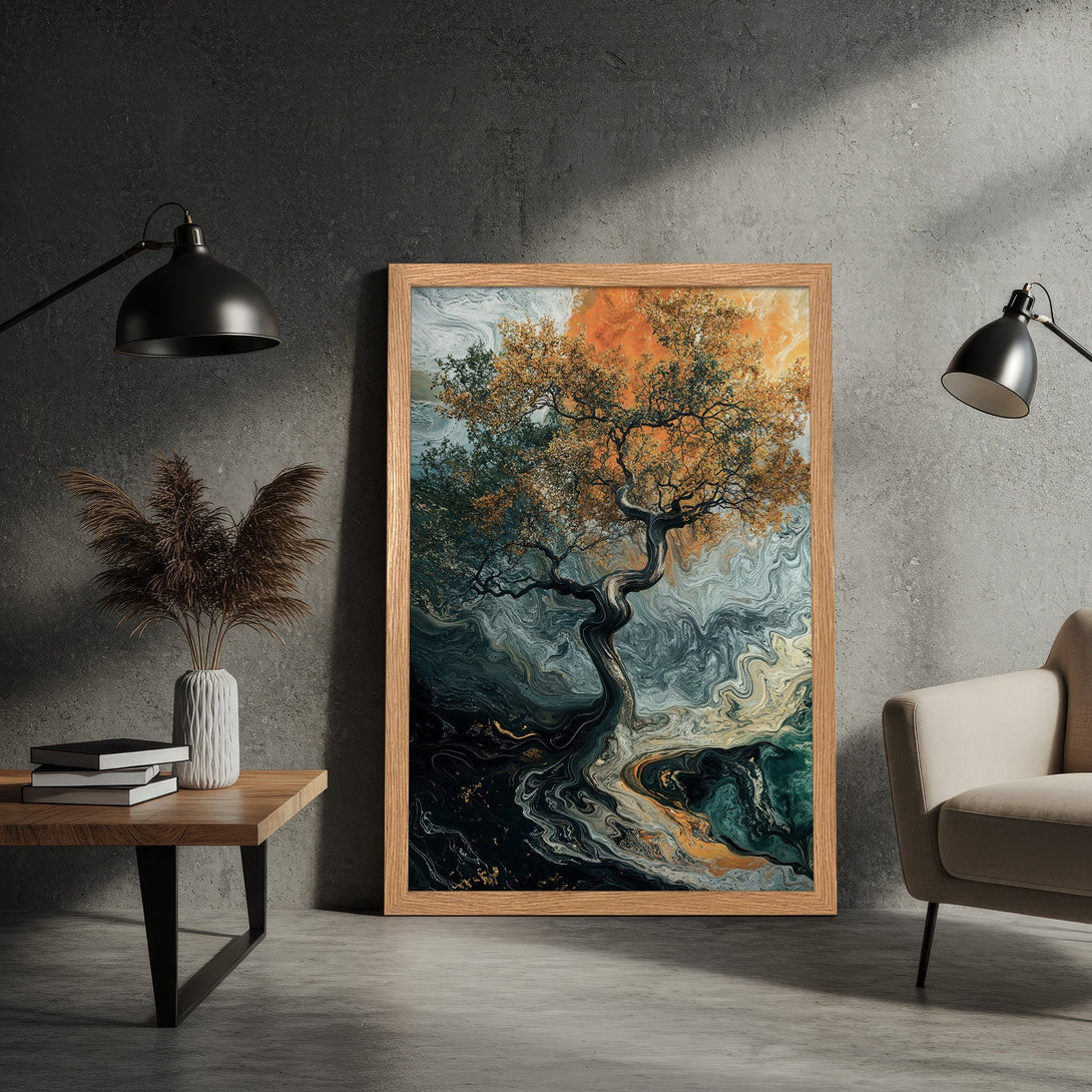 Framed Poster featuring an abstract tree art print in a modern style with a warm, earthy color palette. Perfect for home decor!