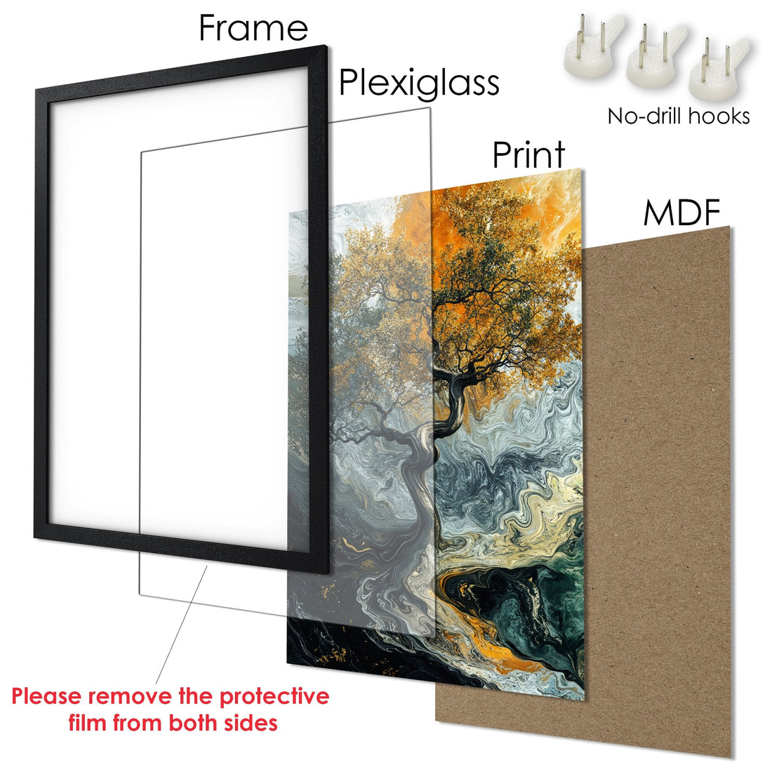 Framed Poster art print featuring a tree with an abstract style and a warm, earthy color palette. Ready to hang!