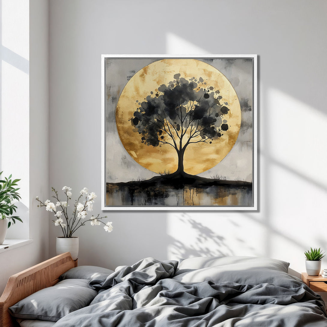 Framed Wall Art: Abstract tree painting with gold and black tones. Modern art to elevate your space. Shop now and transform your home!