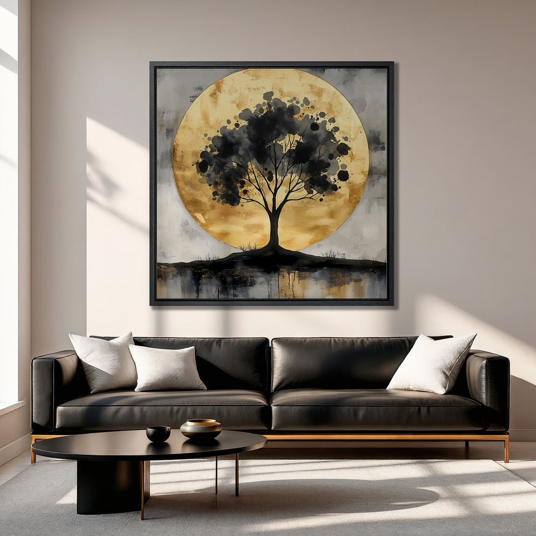 Framed Wall Art: Abstract tree art in gold and black. Modern Canvas Print for living room decor. Neutral color palette.