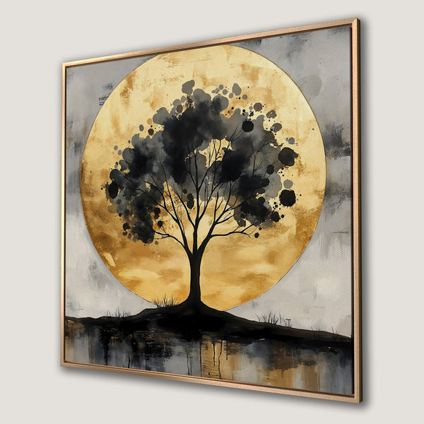 Framed Wall Art featuring an abstract tree silhouette against a golden moon. Modern style with a neutral color palette of gold, black, and gray.