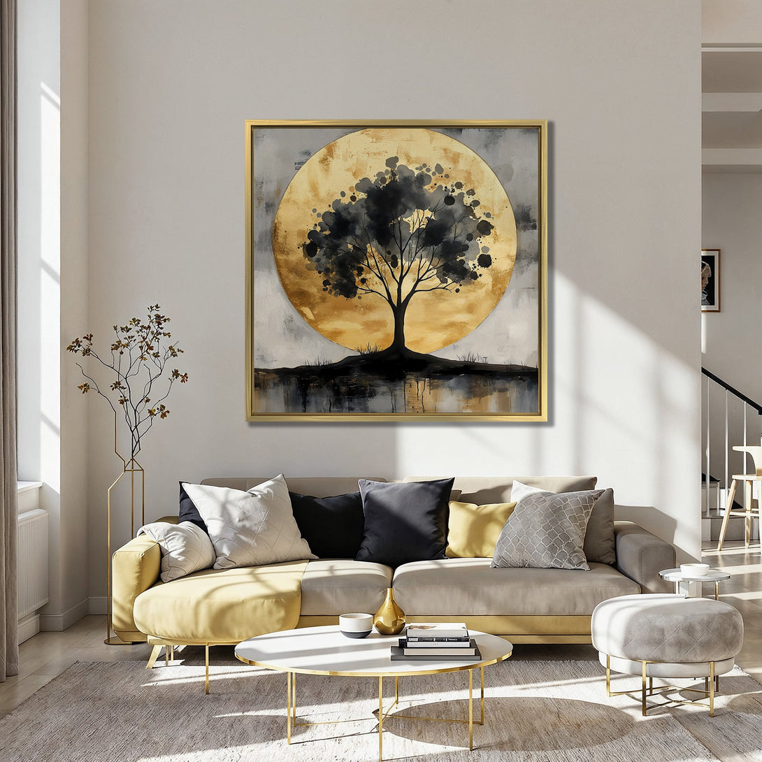 Canvas Print of a tree silhouette with a golden sun, modern art. Warm color palette, perfect for living room decor.