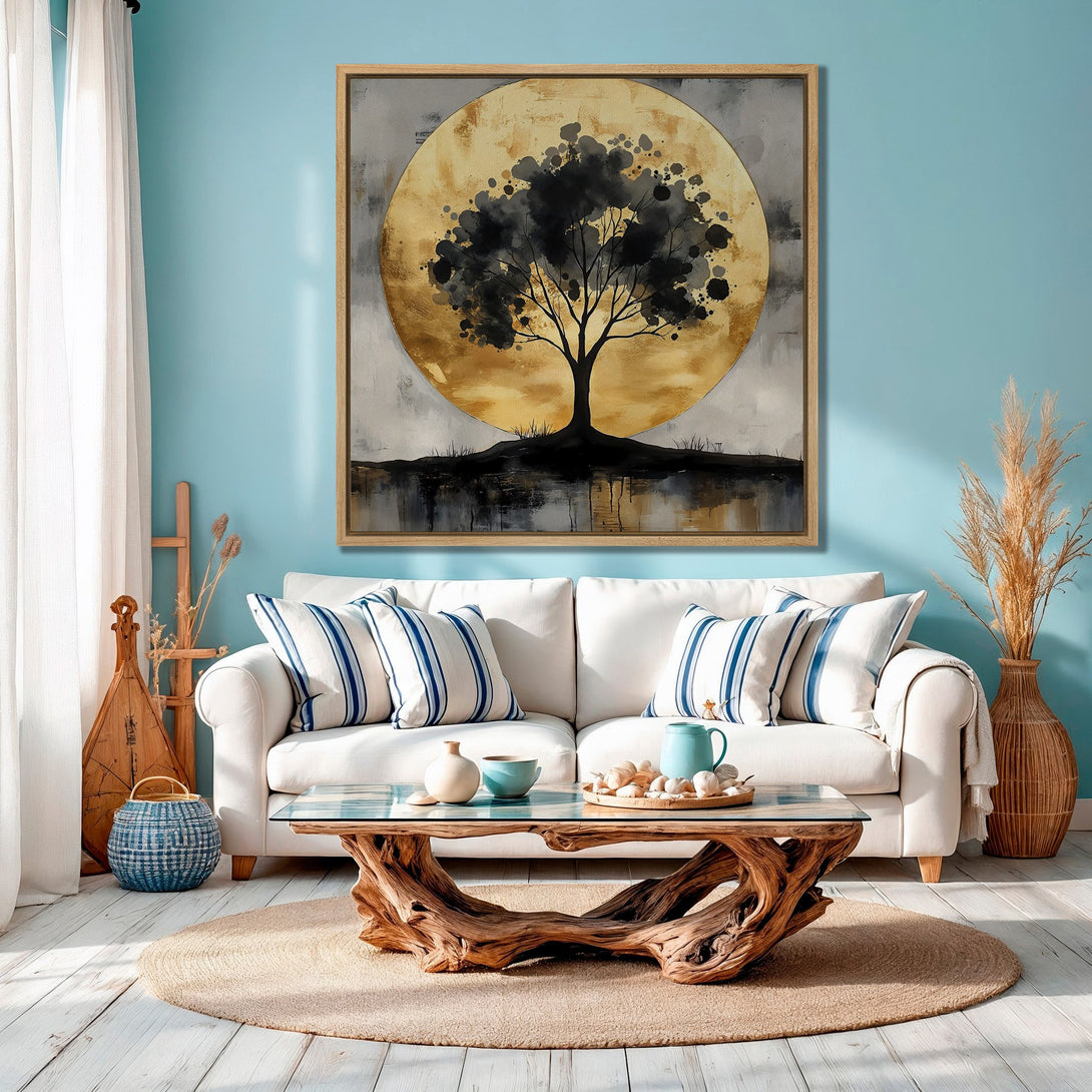 Framed Wall Art featuring a serene tree silhouette against a golden backdrop. Coastal-inspired decor with a blue, gold, and neutral color palette. Perfect for living rooms.