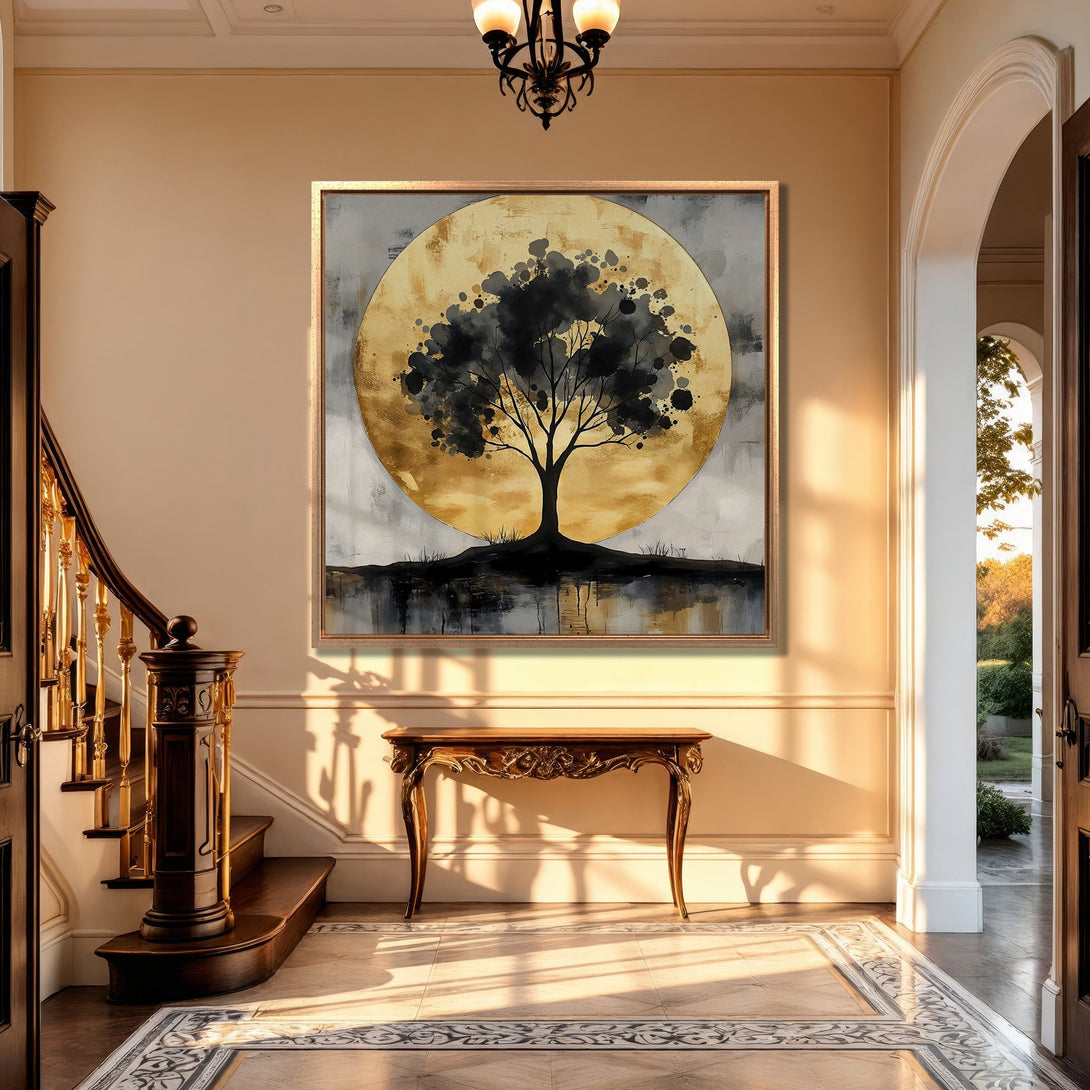 Framed Wall Art: Abstract tree art in gold, black, and gray. Modern canvas print adds elegance to any interior. Shop now for stunning wall decor!