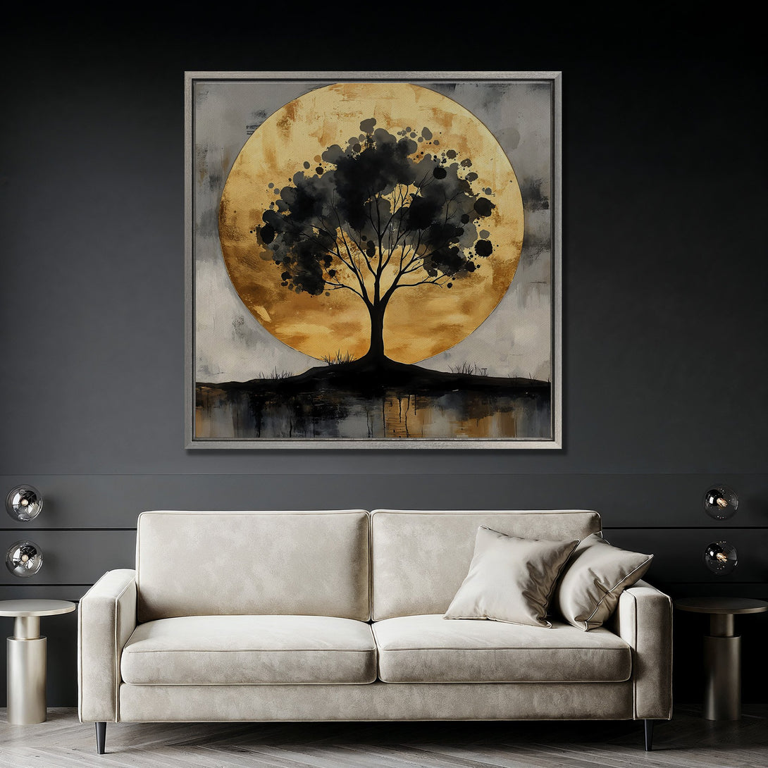 Framed Wall Art: Abstract tree silhouette against a golden sun. Modern canvas print with a black, gold, and gray color palette, perfect for living room decor.