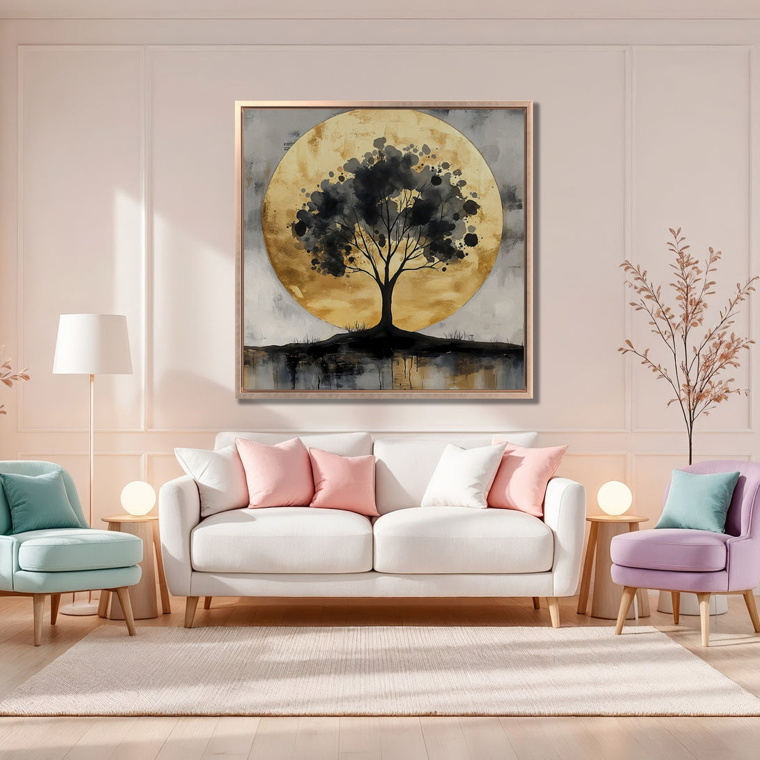 Framed Wall Art featuring an abstract tree against a golden background. Modern style with a neutral and pastel color palette, perfect for home decor.