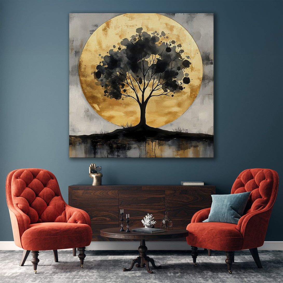 Framed Wall Art: Abstract tree silhouette against a golden backdrop. Modern art with a neutral, warm color palette. Perfect for living room decor.