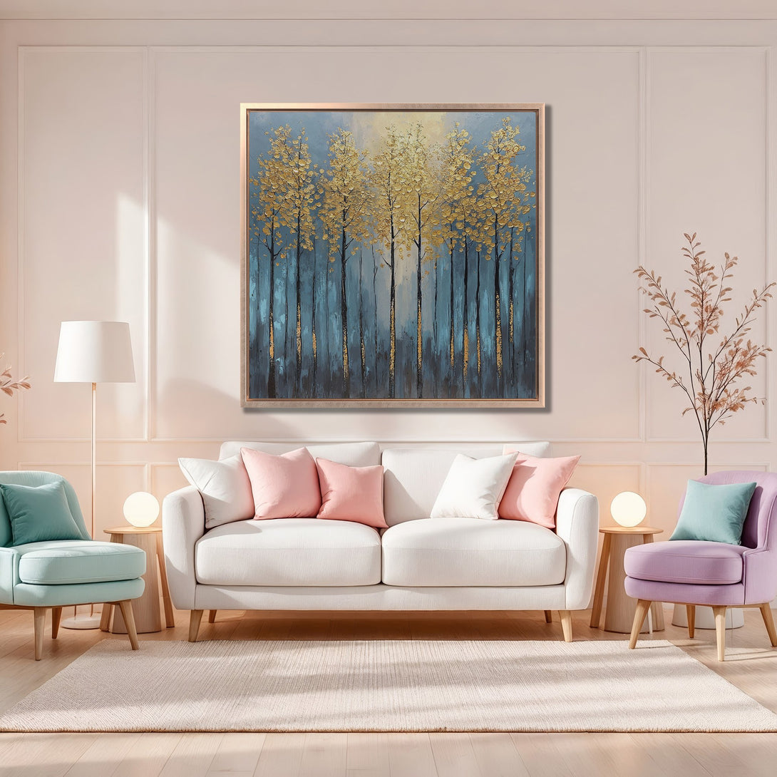 Framed Wall Art: Abstract forest painting with gold and teal tones. Modern canvas print displayed in a stylish interior, perfect for home decor.